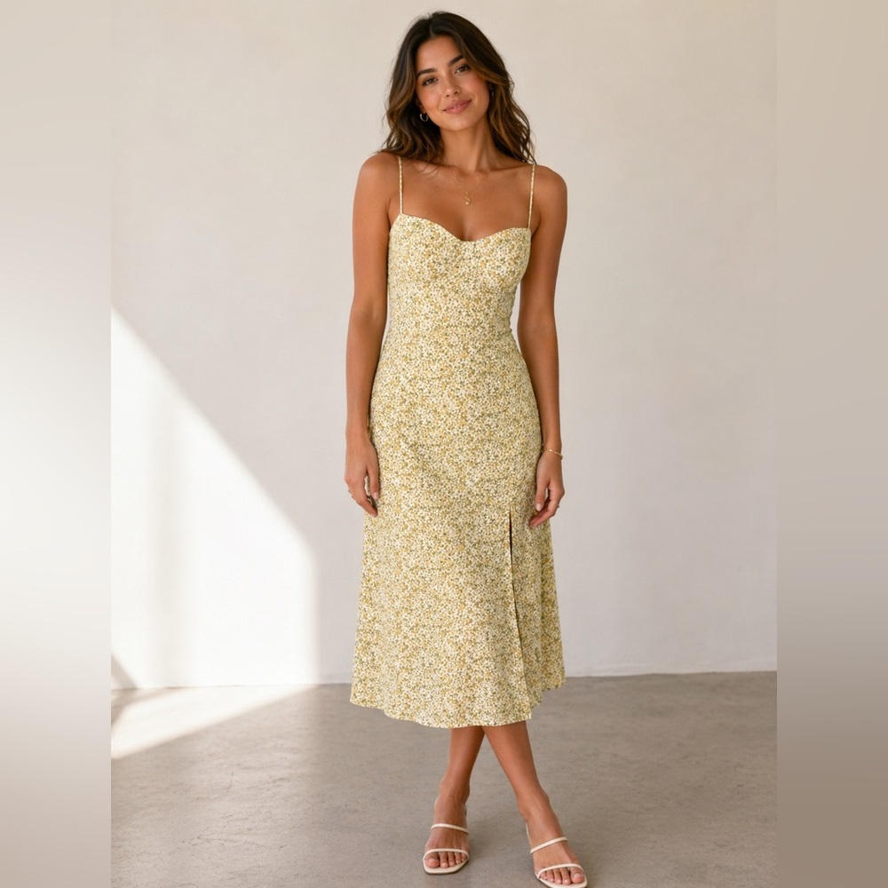 Whyte Valentyne Yellow Floral Midi Dress – Sweetheart Neckline Size 6